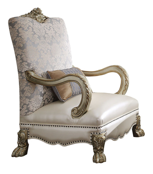 34" Pearl and Gold Faux Leather Damask Arm Chair By Homeroots