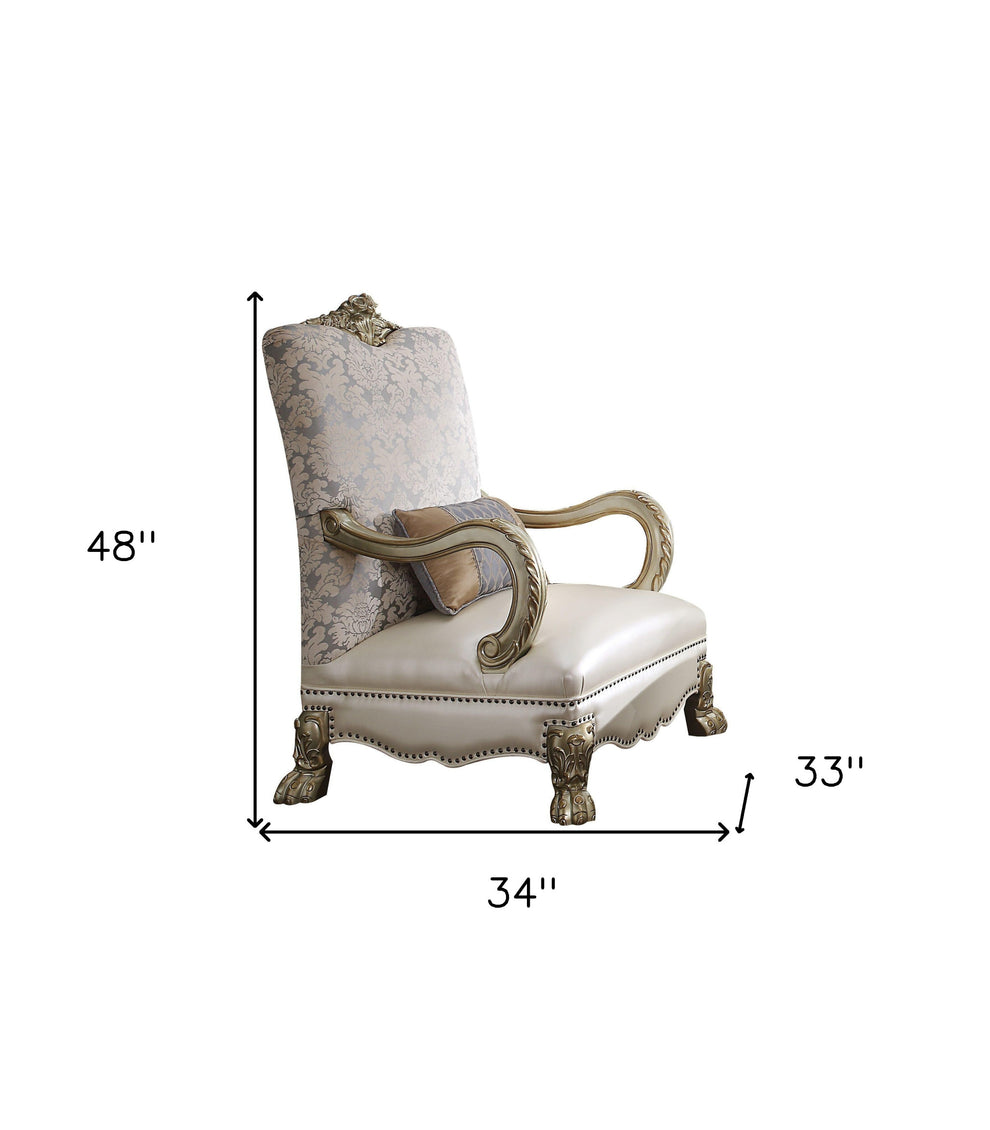 34" Pearl and Gold Faux Leather Damask Arm Chair By Homeroots | Armchairs | Modishstore - 5