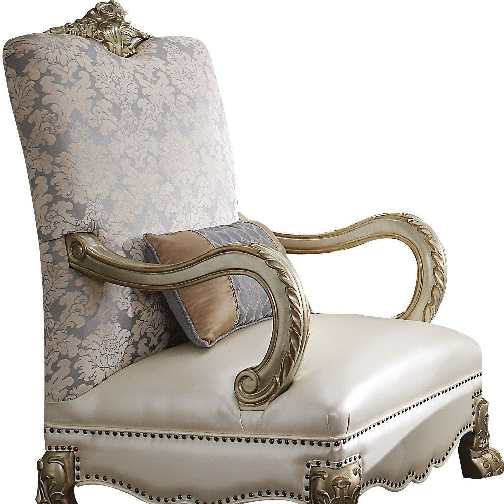 34" Pearl and Gold Faux Leather Damask Arm Chair By Homeroots | Armchairs | Modishstore - 4