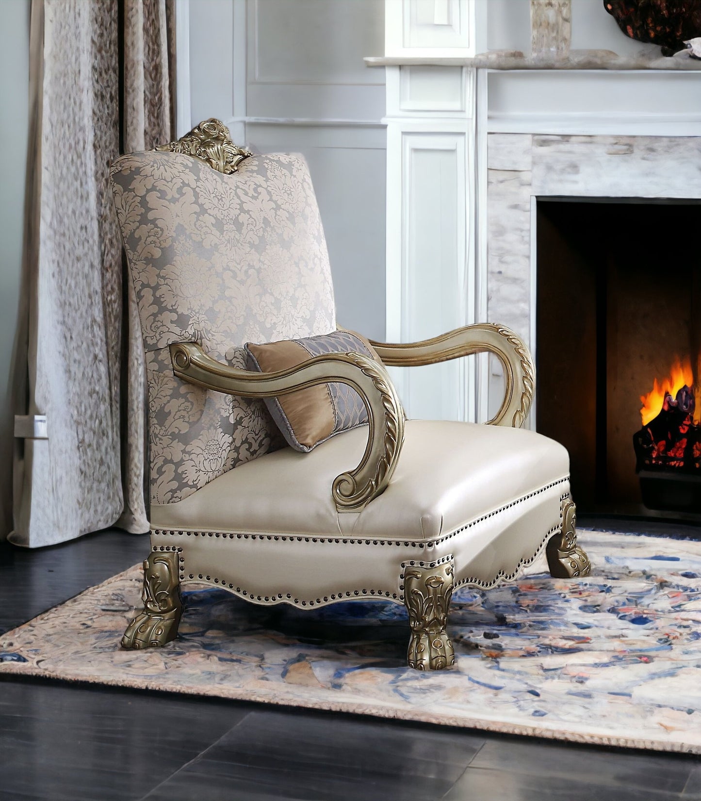 34" Pearl and Gold Faux Leather Damask Arm Chair By Homeroots | Armchairs | Modishstore - 2