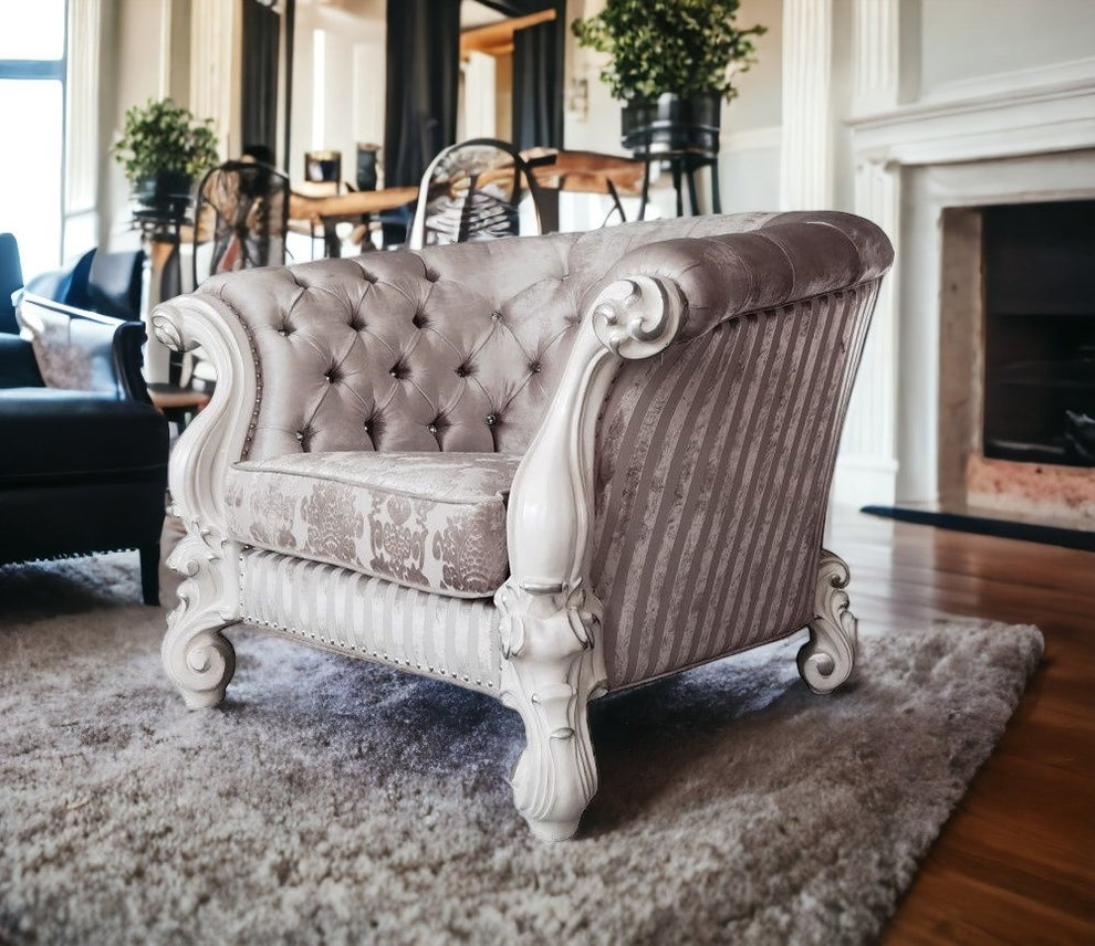 52" Ivory and Bone Fabric Damask Tufted Barrel Chair By Homeroots | Armchairs | Modishstore - 2