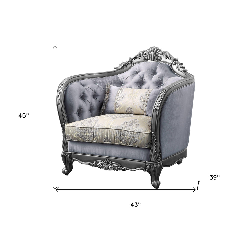43" Light Gray Fabric And Platinum Floral Tufted Arm Chair By Homeroots | Armchairs | Modishstore - 6