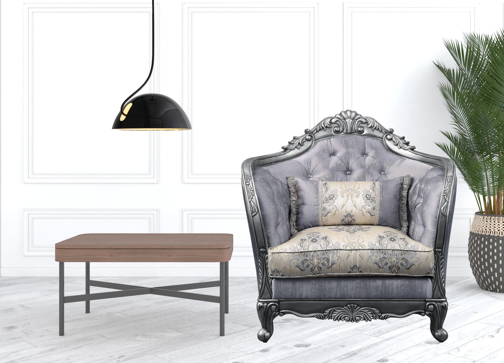 43" Light Gray Fabric And Platinum Floral Tufted Arm Chair By Homeroots | Armchairs | Modishstore - 4