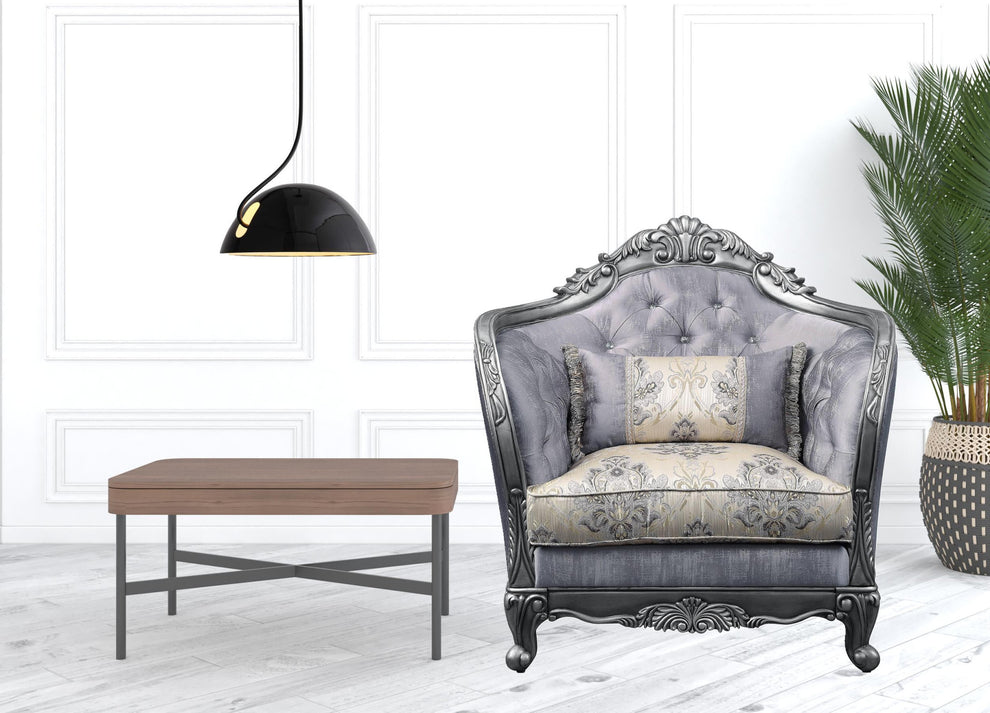 43" Light Gray Fabric And Platinum Floral Tufted Arm Chair By Homeroots | Armchairs | Modishstore - 4