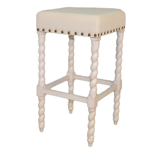 30" Cream Faux Leather And Solid Wood Backless Bar Height Chair With Footrest By Homeroots