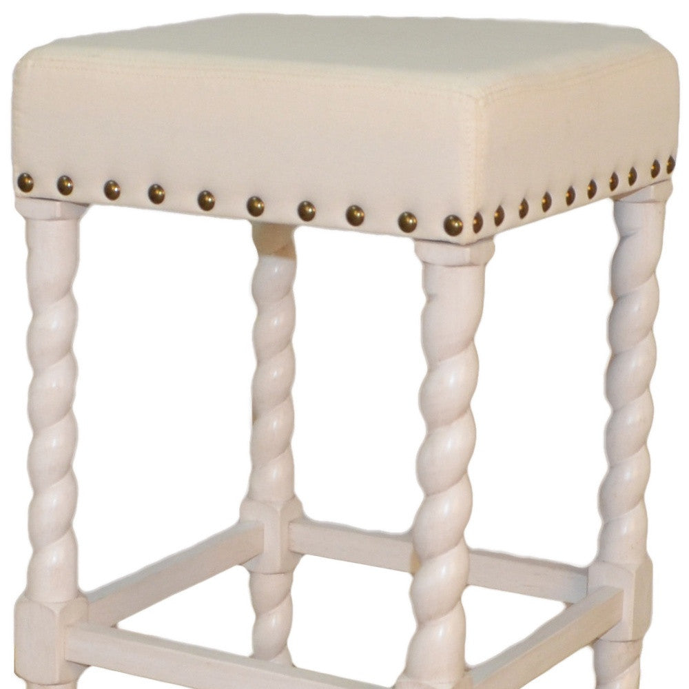 30" Cream Faux Leather And Solid Wood Backless Bar Height Chair With Footrest By Homeroots | Bar Stools | Modishstore - 4