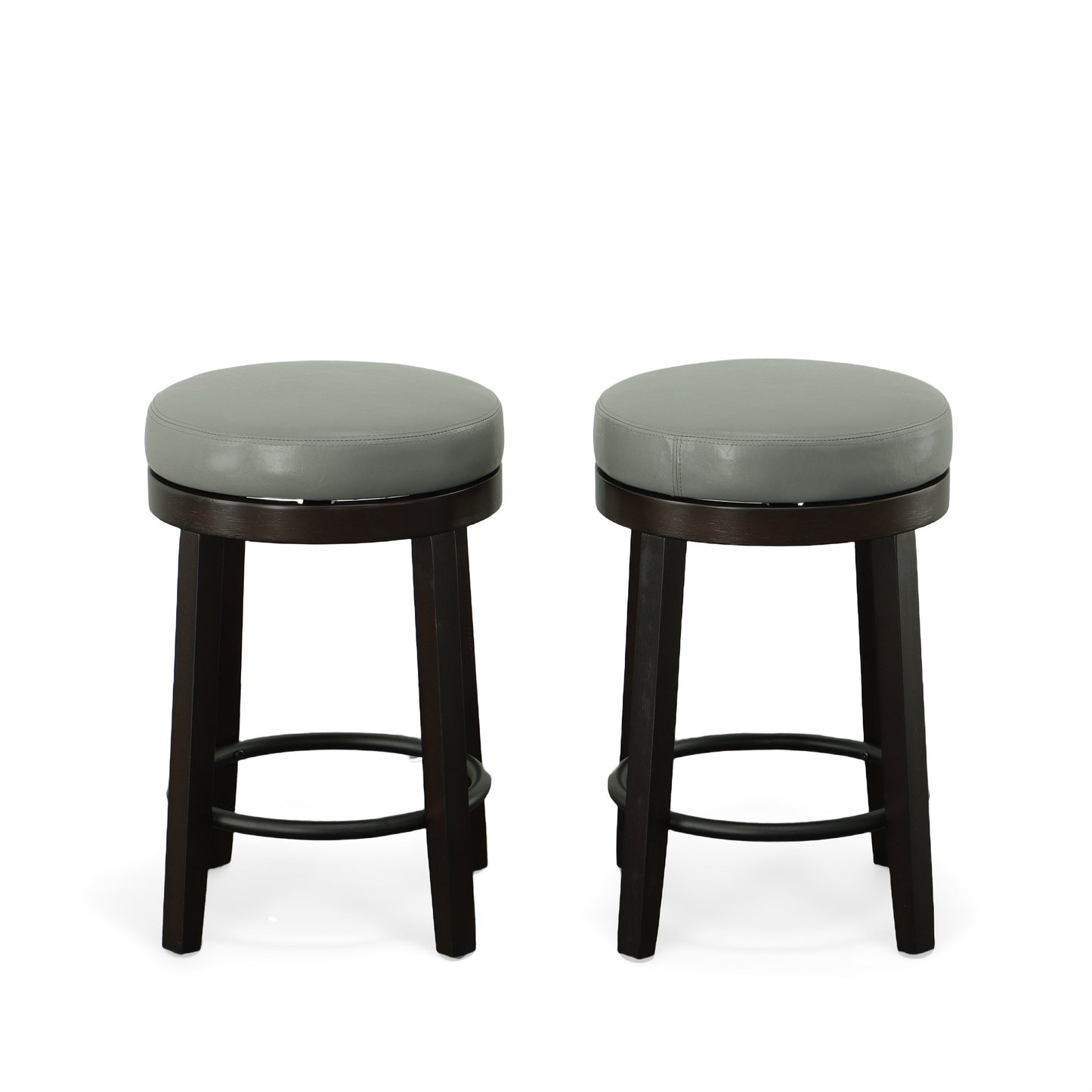 Set Of Two 24" Gray And Espresso Faux Leather And Solid Wood Swivel Backless Counter Height Bar Chairs With Footrest By Homeroots | Bar Stools | Modishstore - 4