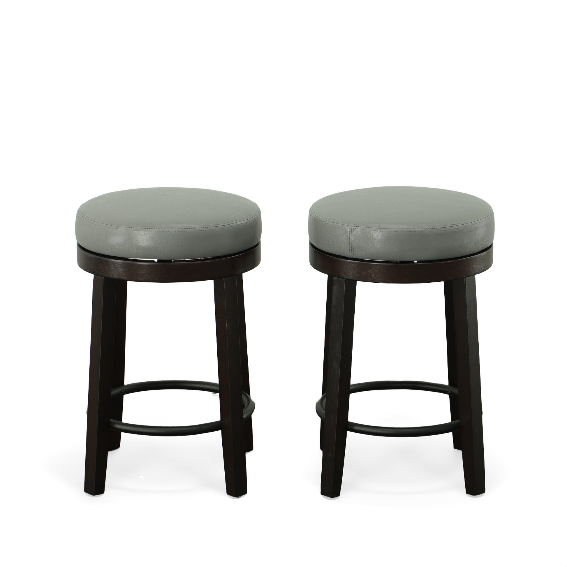 Set Of Two 24" Gray And Espresso Faux Leather And Solid Wood Swivel Backless Counter Height Bar Chairs With Footrest By Homeroots | Bar Stools | Modishstore - 4