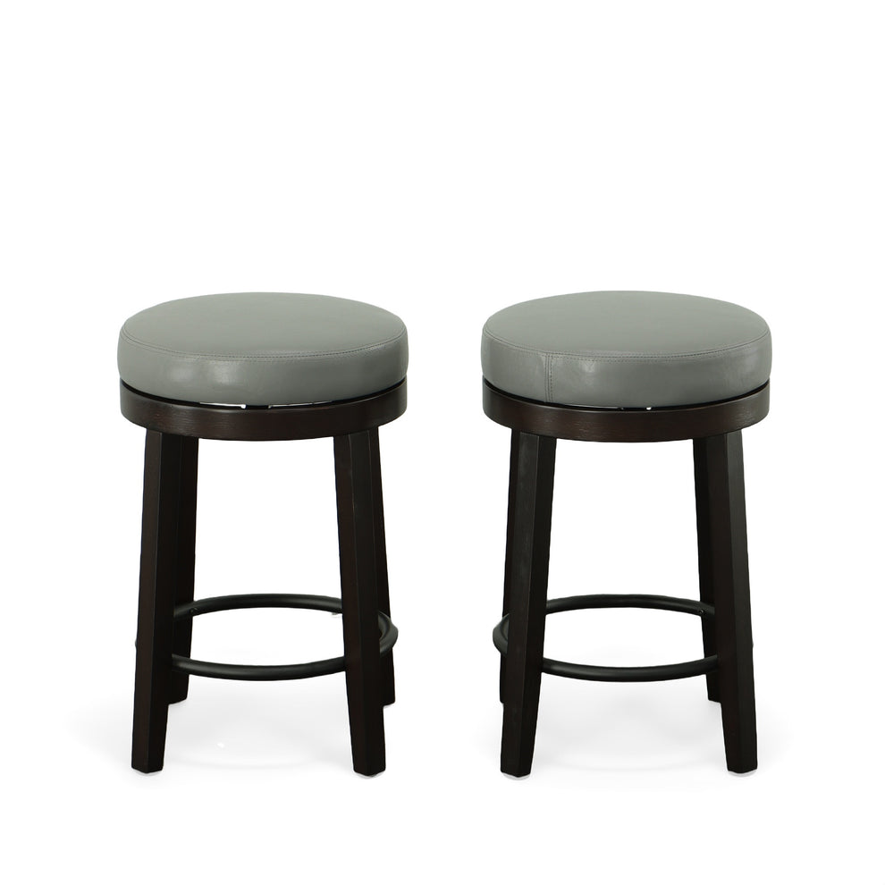 Set Of Two 24" Gray And Espresso Faux Leather And Solid Wood Swivel Backless Counter Height Bar Chairs With Footrest By Homeroots | Bar Stools | Modishstore - 4