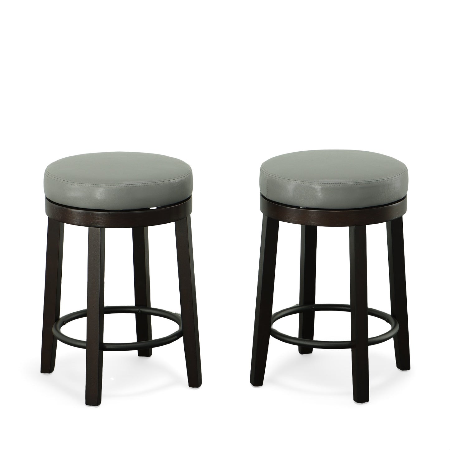 Set Of Two 24" Gray And Espresso Faux Leather And Solid Wood Swivel Backless Counter Height Bar Chairs With Footrest By Homeroots | Bar Stools | Modishstore - 5
