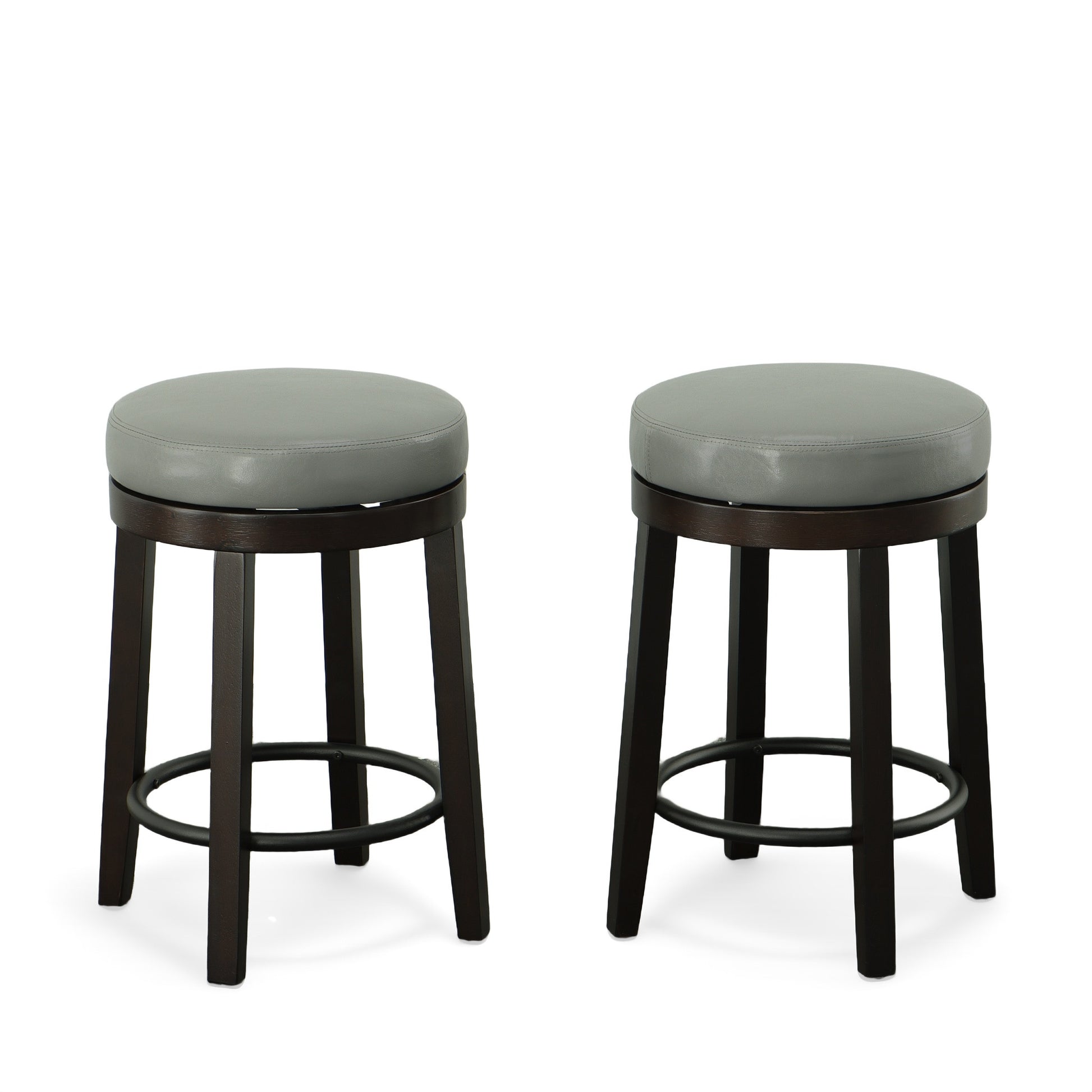 Set Of Two 24" Gray And Espresso Faux Leather And Solid Wood Swivel Backless Counter Height Bar Chairs With Footrest By Homeroots | Bar Stools | Modishstore - 5