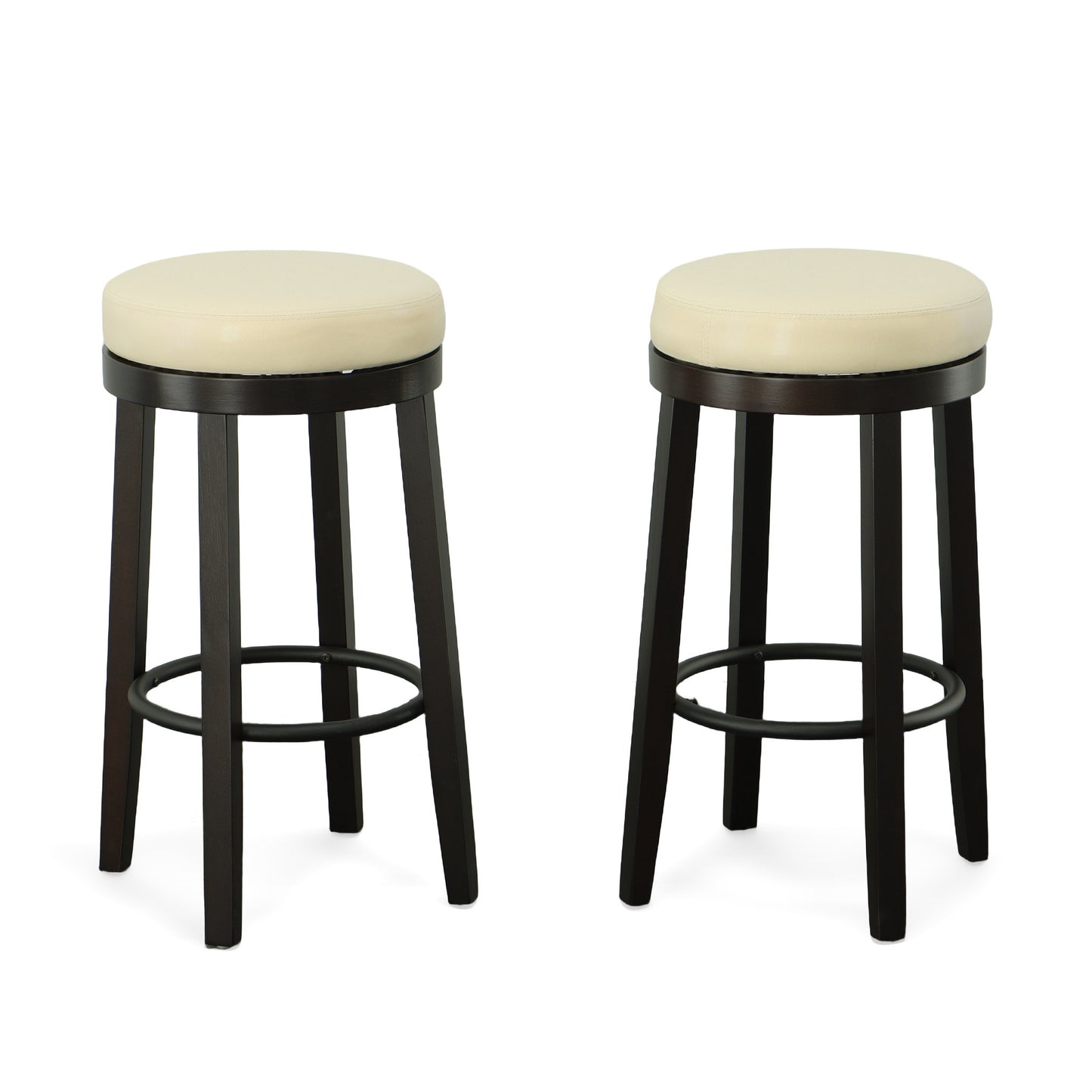 Set Of Two 30" Cream And Espresso Faux Leather And Solid Wood Swivel Backless Bar Height Bar Chairs With Footrest By Homeroots | Bar Stools | Modishstore - 4