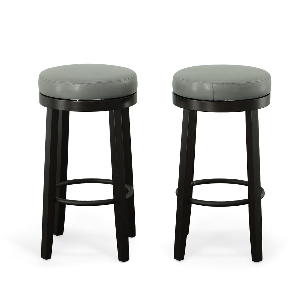 Set Of Two 30" Gray And Espresso Faux Leather And Solid Wood Swivel Backless Bar Height Bar Chairs With Footrest By Homeroots | Bar Stools | Modishstore - 4