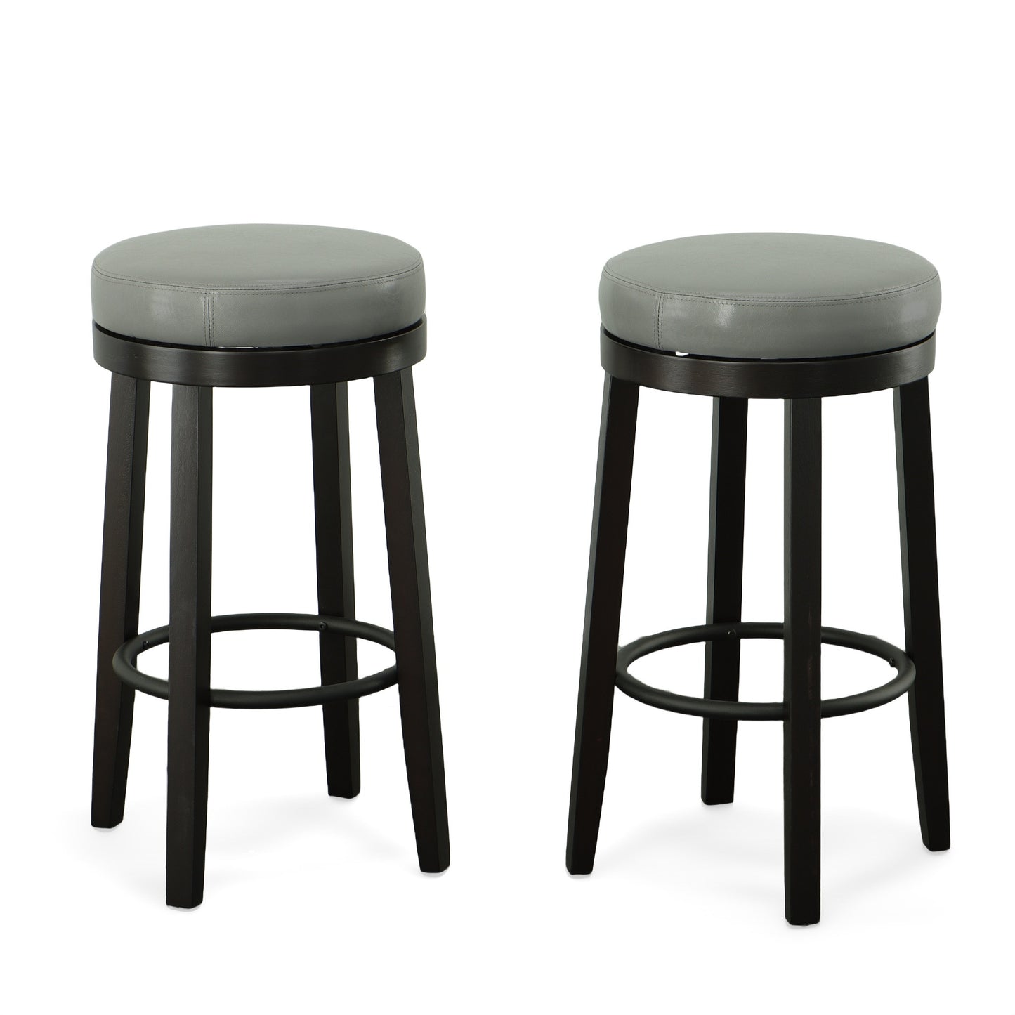 Set Of Two 30" Gray And Espresso Faux Leather And Solid Wood Swivel Backless Bar Height Bar Chairs With Footrest By Homeroots | Bar Stools | Modishstore - 5
