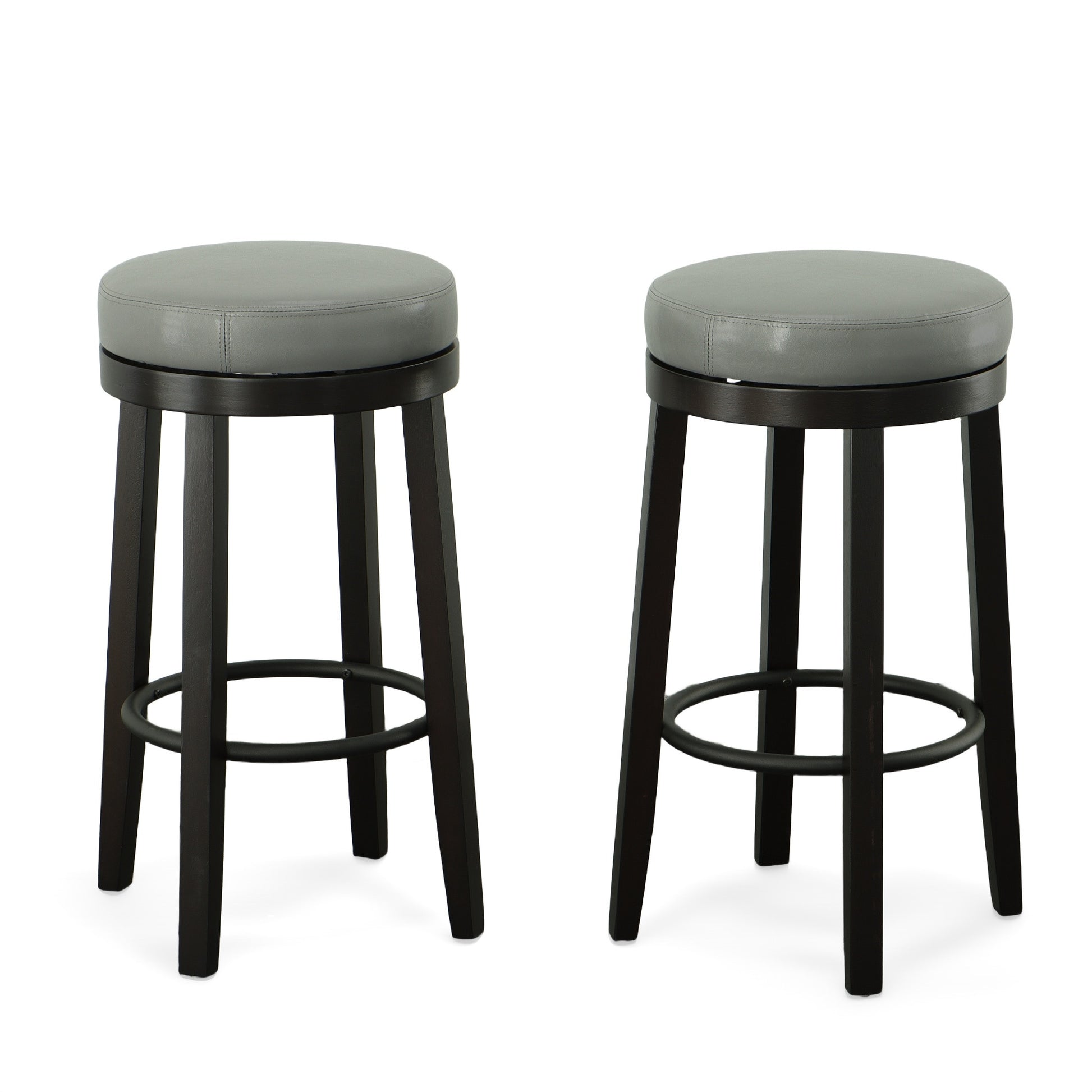 Set Of Two 30" Gray And Espresso Faux Leather And Solid Wood Swivel Backless Bar Height Bar Chairs With Footrest By Homeroots | Bar Stools | Modishstore - 5