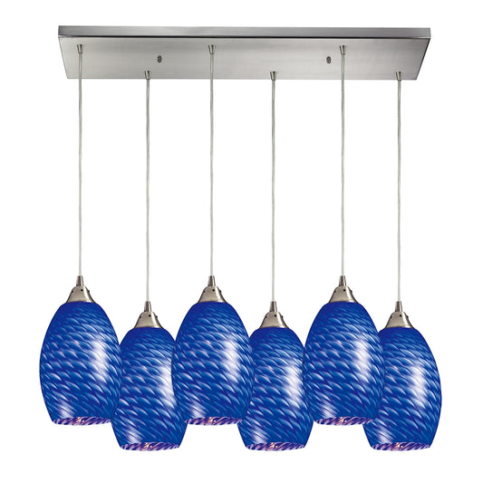 Mulinello 6-Light Rectangular Pendant Fixture in Satin Nickel with Sapphire Glass ELK Lighting | Pendant Lamps | Modishstore