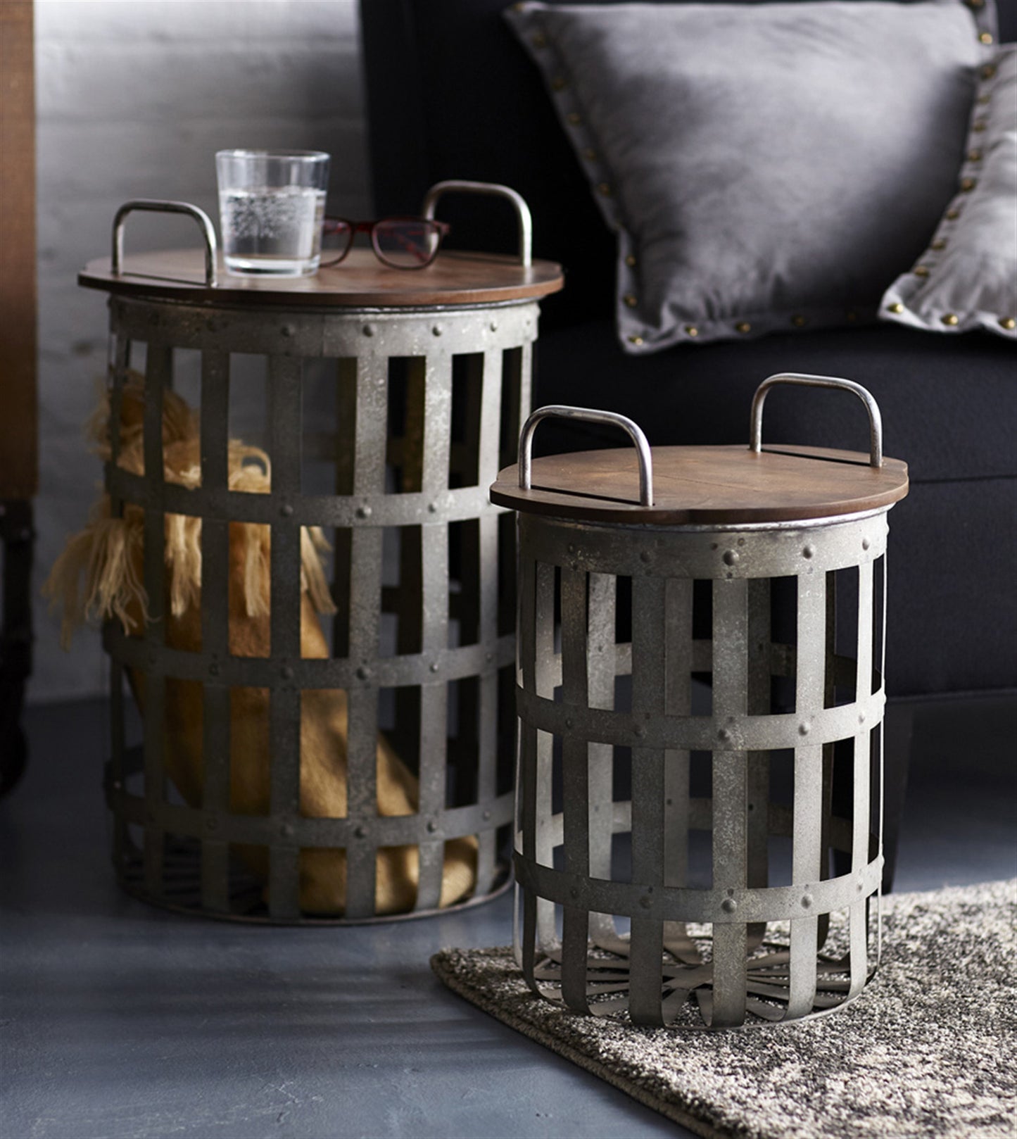 Set Of Two Grey And Brown Wood and Metal Basket Round End Tables By Homeroots | End Tables | Modishstore - 7