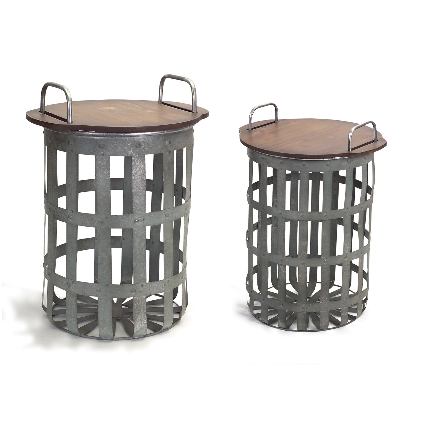 Set Of Two Grey And Brown Wood and Metal Basket Round End Tables By Homeroots