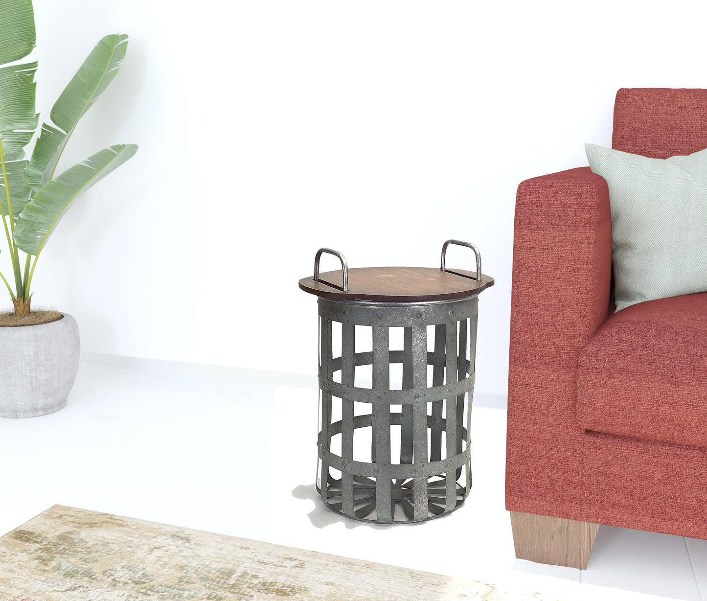 Set Of Two Grey And Brown Wood and Metal Basket Round End Tables By Homeroots | End Tables | Modishstore - 3