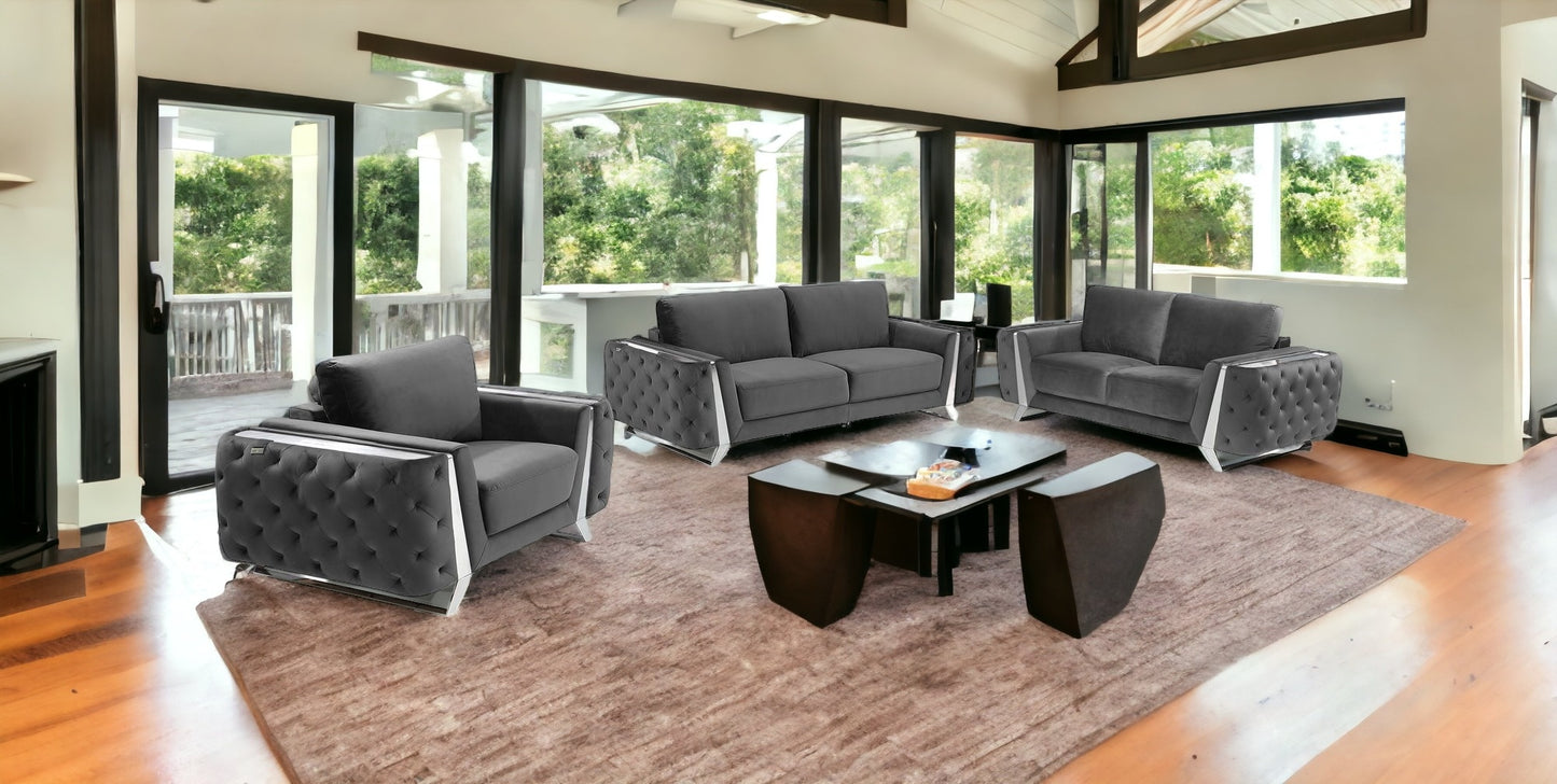 Three Piece Dark Gray Velvet Six Person Seating Set By Homeroots | Sofa Set | Modishstore - 3