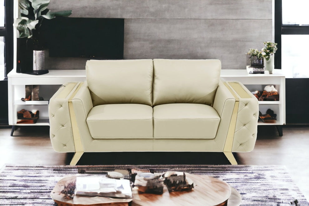 72" Beige And Gold Genuine Leather Love Seat By Homeroots | Loveseats | Modishstore - 2