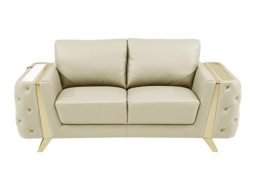 72" Beige And Gold Genuine Leather Love Seat By Homeroots | Loveseats | Modishstore