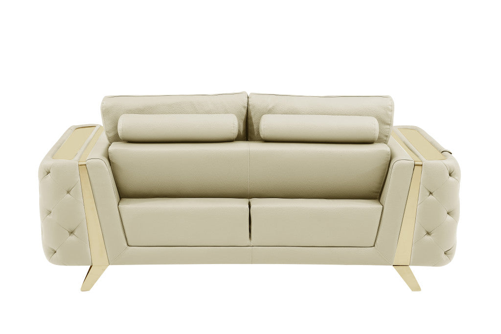 72" Beige And Gold Genuine Leather Love Seat By Homeroots | Loveseats | Modishstore - 5