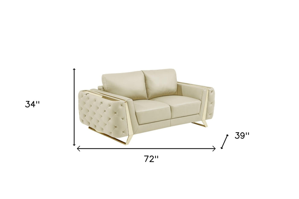 72" Beige And Gold Genuine Leather Love Seat By Homeroots | Loveseats | Modishstore - 9