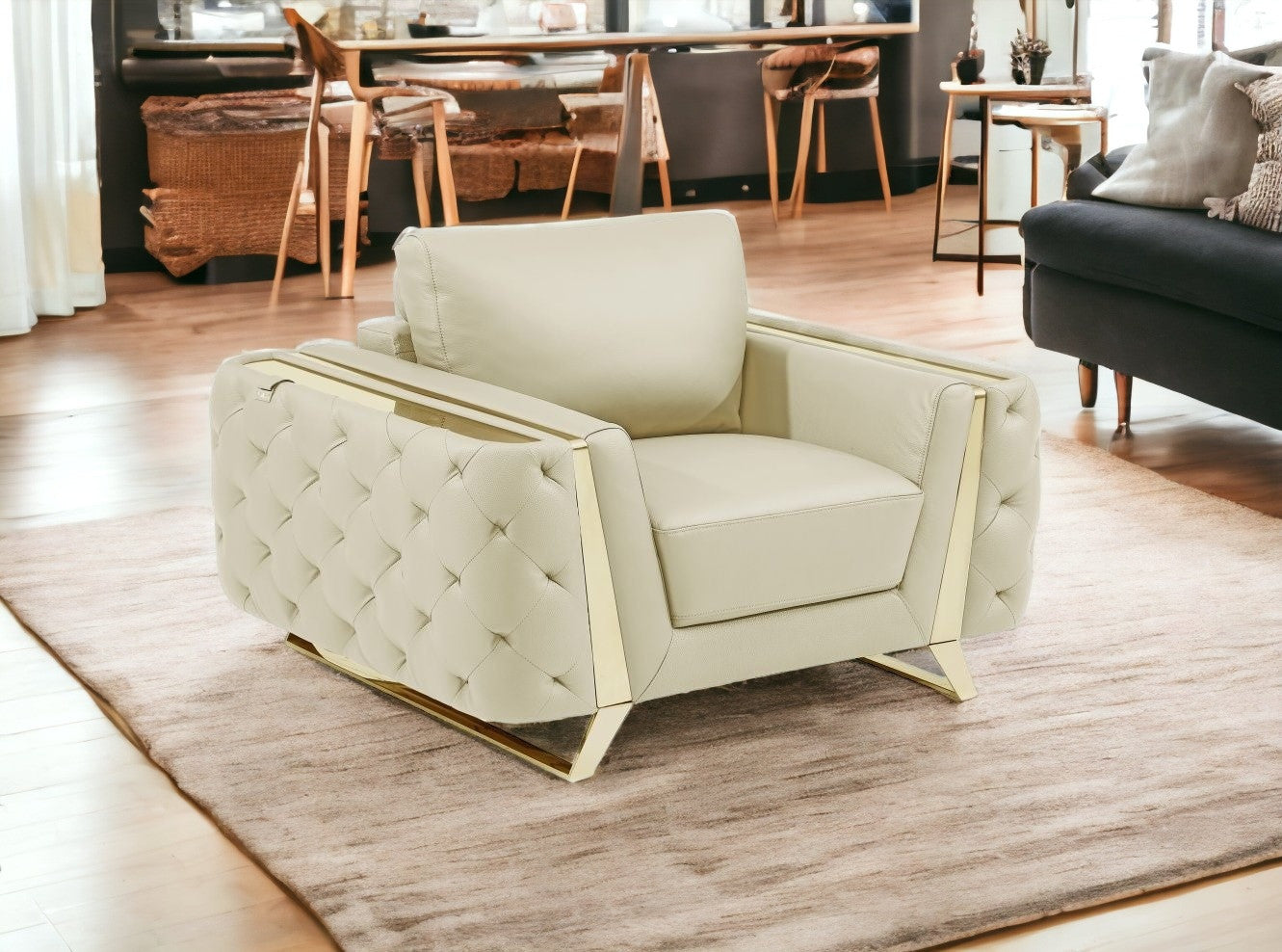 50" Beige and Silver Faux Leather Tufted Arm Chair By Homeroots | Armchairs | Modishstore - 6