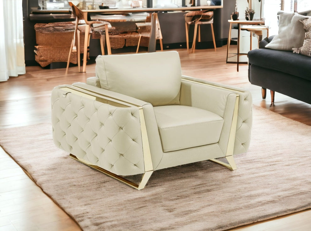 50" Beige and Silver Faux Leather Tufted Arm Chair By Homeroots | Armchairs | Modishstore - 6