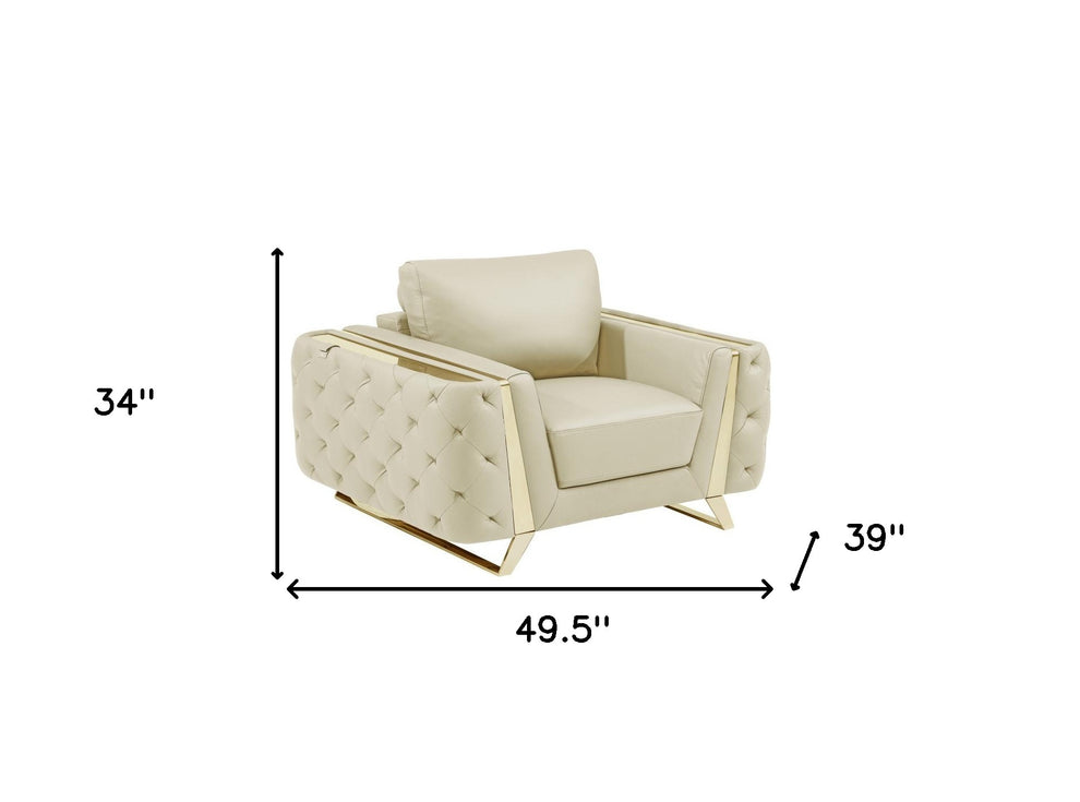 50" Beige and Silver Faux Leather Tufted Arm Chair By Homeroots | Armchairs | Modishstore - 9