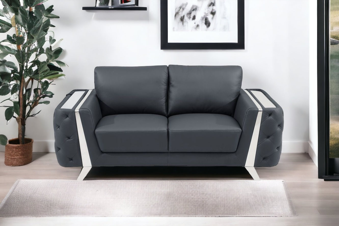 72" Dark Gray And Silver Genuine Leather Love Seat By Homeroots | Loveseats | Modishstore - 2