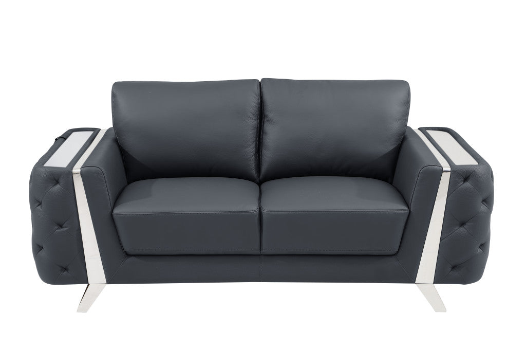 72" Dark Gray And Silver Genuine Leather Love Seat By Homeroots | Loveseats | Modishstore