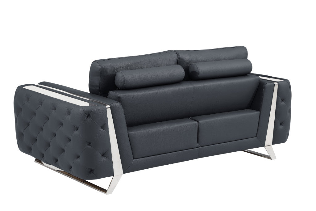 72" Dark Gray And Silver Genuine Leather Love Seat By Homeroots