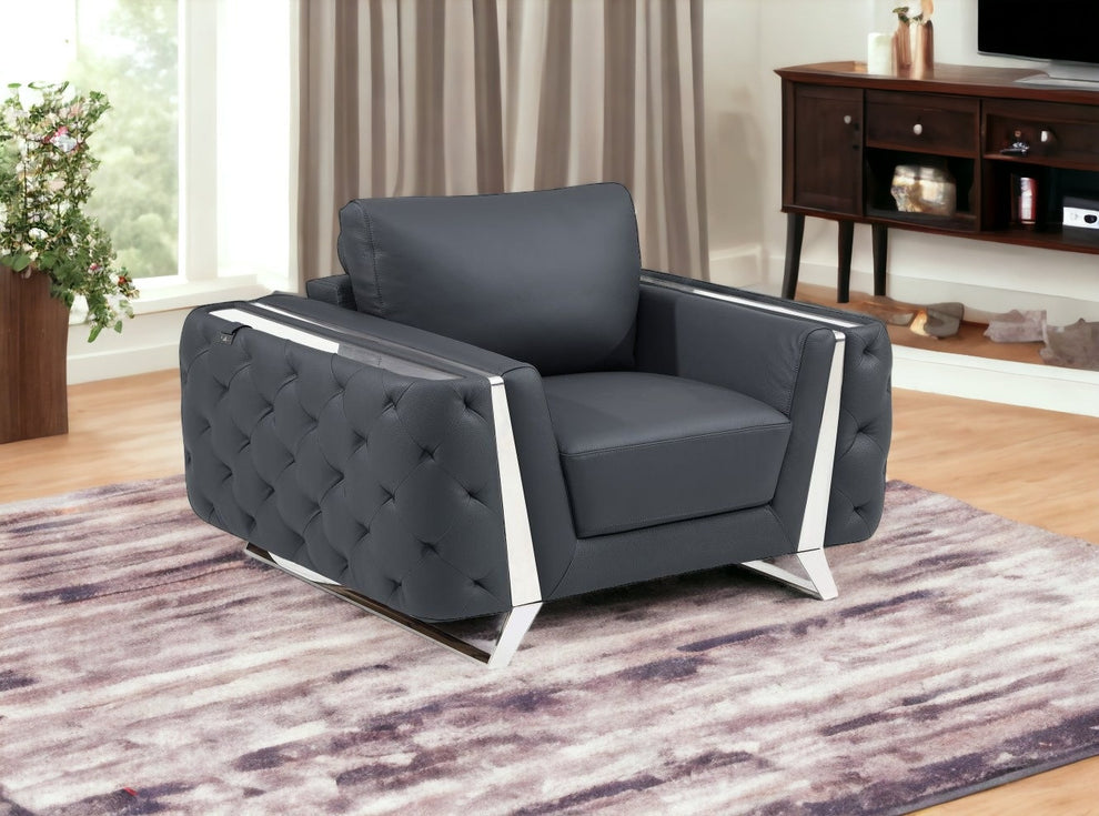 50" Dark Gray and Silver Faux Leather Tufted Arm Chair By Homeroots | Armchairs | Modishstore - 6