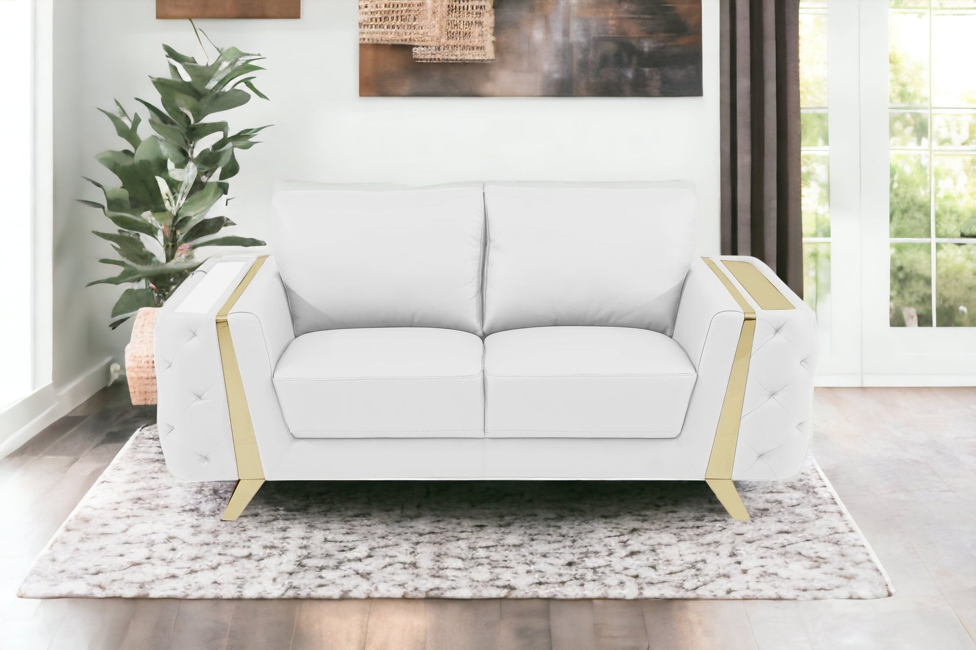 72" White And Gold Genuine Leather Love Seat By Homeroots | Loveseats | Modishstore - 2