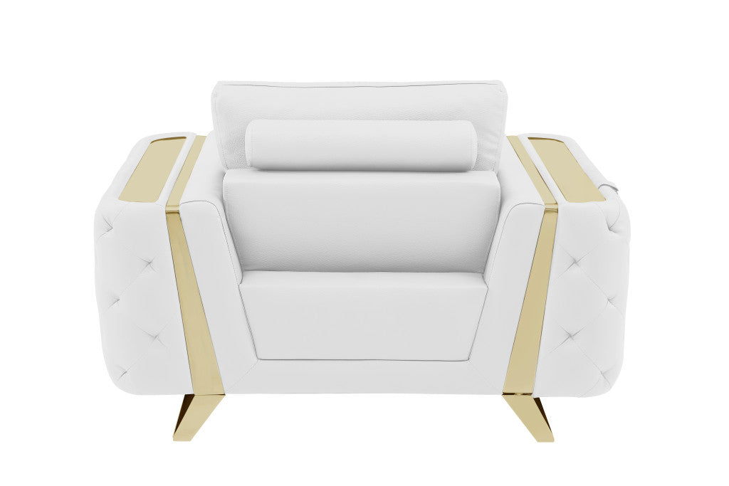 50" White and Gold Genuine Leather Chair Arm Chair By Homeroots | Armchairs | Modishstore - 4
