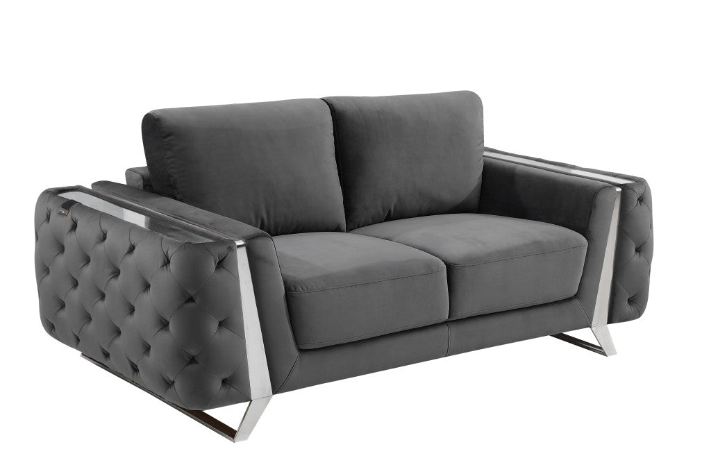 72" Dark Gray And Silver Velvet Love Seat By Homeroots | Loveseats | Modishstore - 3