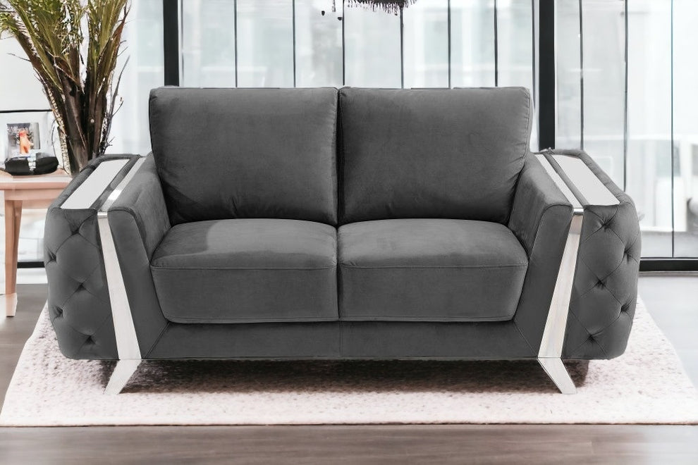72" Dark Gray And Silver Velvet Love Seat By Homeroots | Loveseats | Modishstore - 2