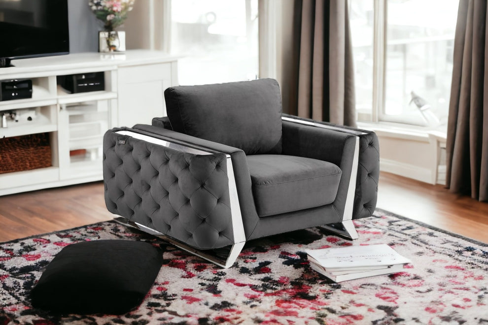50" Dark Gray and Silver Velvet Tufted Arm Chair By Homeroots | Armchairs | Modishstore - 6