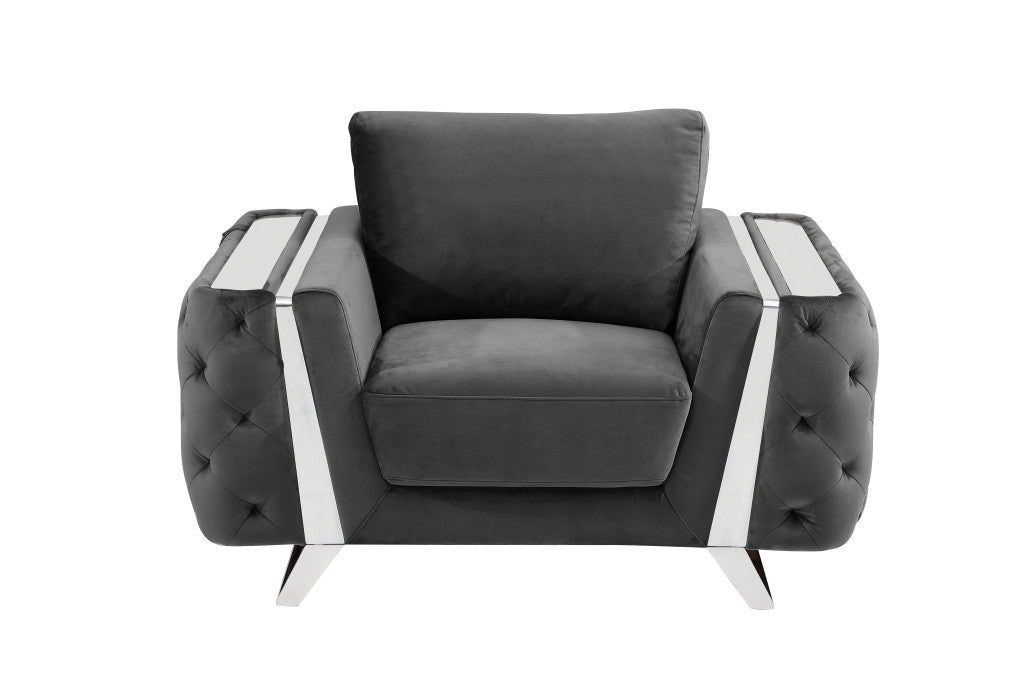 50" Dark Gray and Silver Velvet Tufted Arm Chair By Homeroots