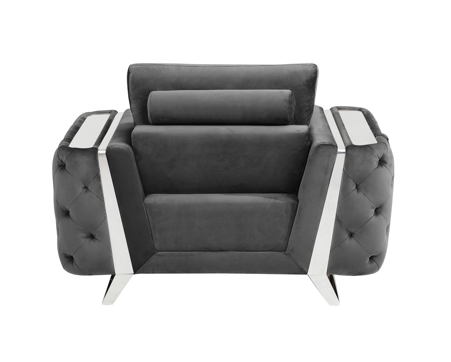 50" Dark Gray and Silver Velvet Tufted Arm Chair By Homeroots