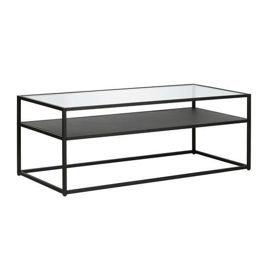 46" Black Glass Rectangular Coffee Table With Shelf By Homeroots