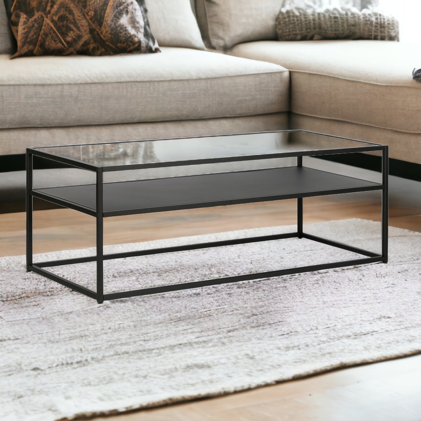 46" Black Glass Rectangular Coffee Table With Shelf By Homeroots | Coffee Tables | Modishstore - 4