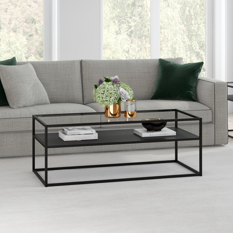 46" Black Glass Rectangular Coffee Table With Shelf By Homeroots | Coffee Tables | Modishstore - 5