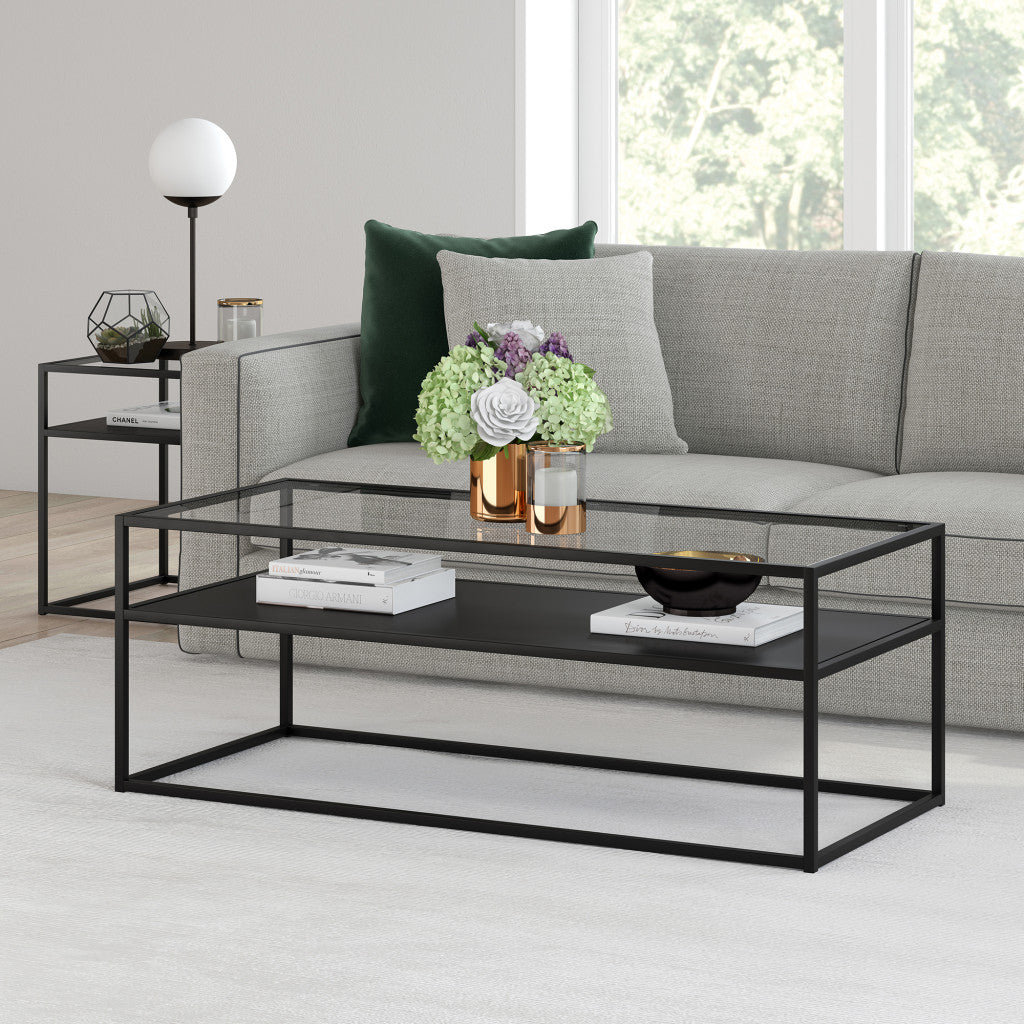 46" Black Glass Rectangular Coffee Table With Shelf By Homeroots | Coffee Tables | Modishstore - 7