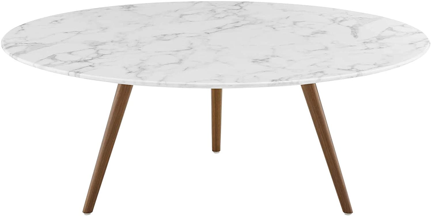 Modway Lippa 40" Round Artificial Marble Coffee Table with Tripod Base in Walnut White | Coffee Tables | Modishstore