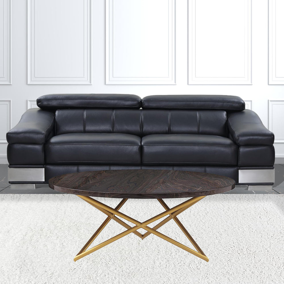 43" Brown And Gold Genuine Marble Round Coffee Table By Homeroots | Coffee Tables | Modishstore - 2