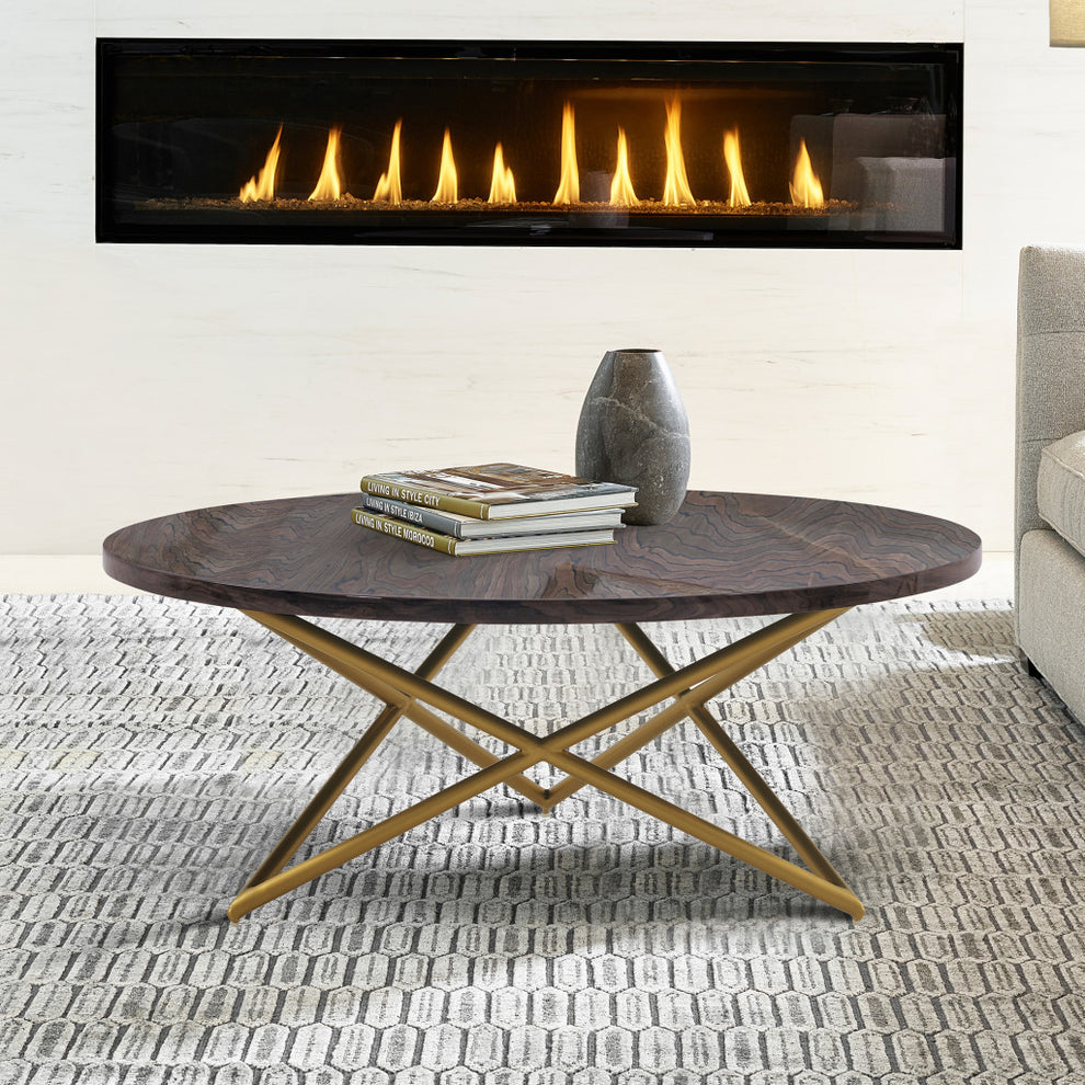 43" Brown And Gold Genuine Marble Round Coffee Table By Homeroots | Coffee Tables | Modishstore - 4