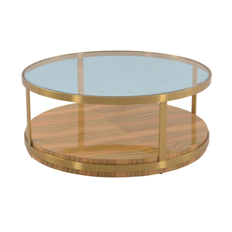 43" Glass And Gold Glass Round Coffee Table With Shelf By Homeroots | Coffee Tables | Modishstore